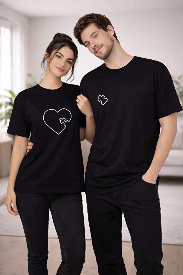 Puzzle Heart Printed Couple T-Shirt Set Loose Fit Oversized Cotton Couple Tshirt