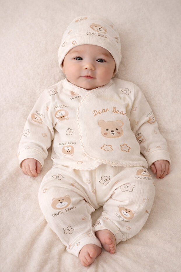 Newborn Baby Girl 3-Piece Set 0–3 Months – Beige Bear Pattern Cotton Bodysuit Set