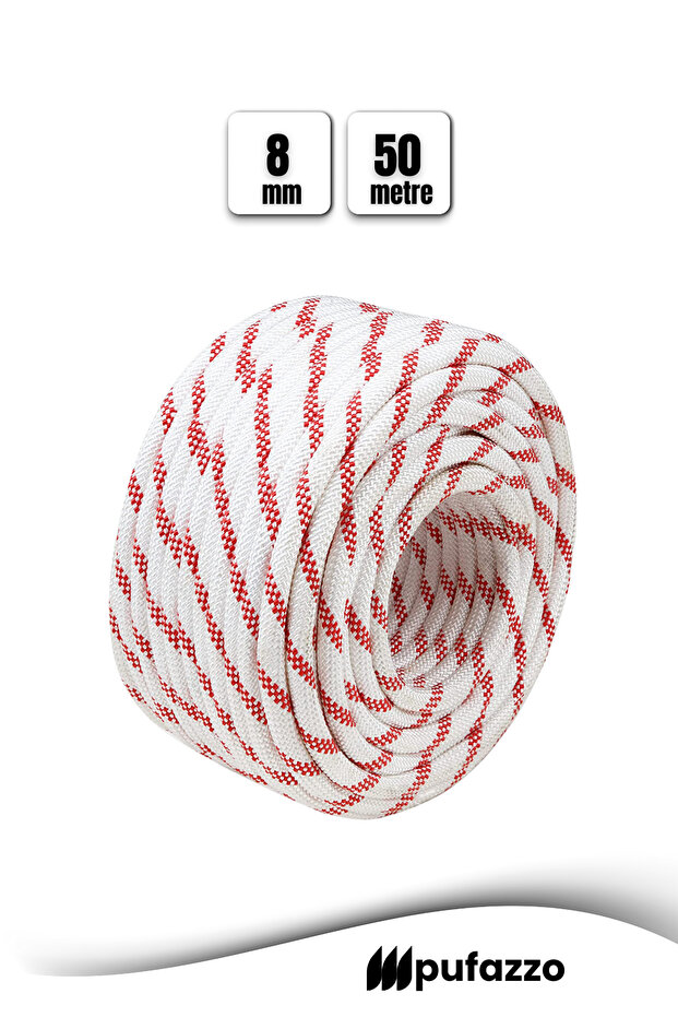 İskota Halat 8mm 50m - Polyester Knitted Rope – Durable Marine, Sailor, Camping and Mountaineering Cord