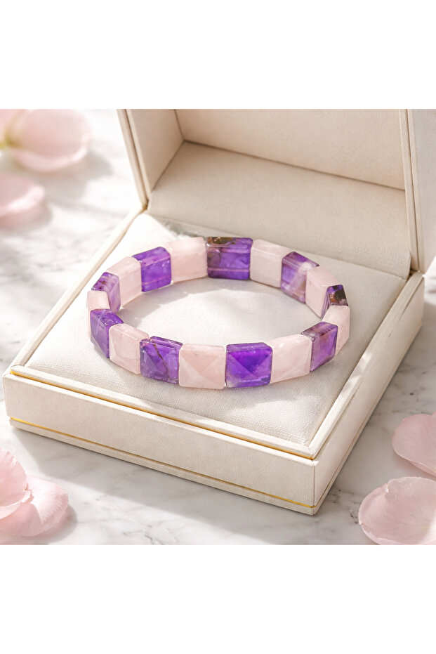 Amethyst & Pink Quartz Natural Stone Model Bracelet