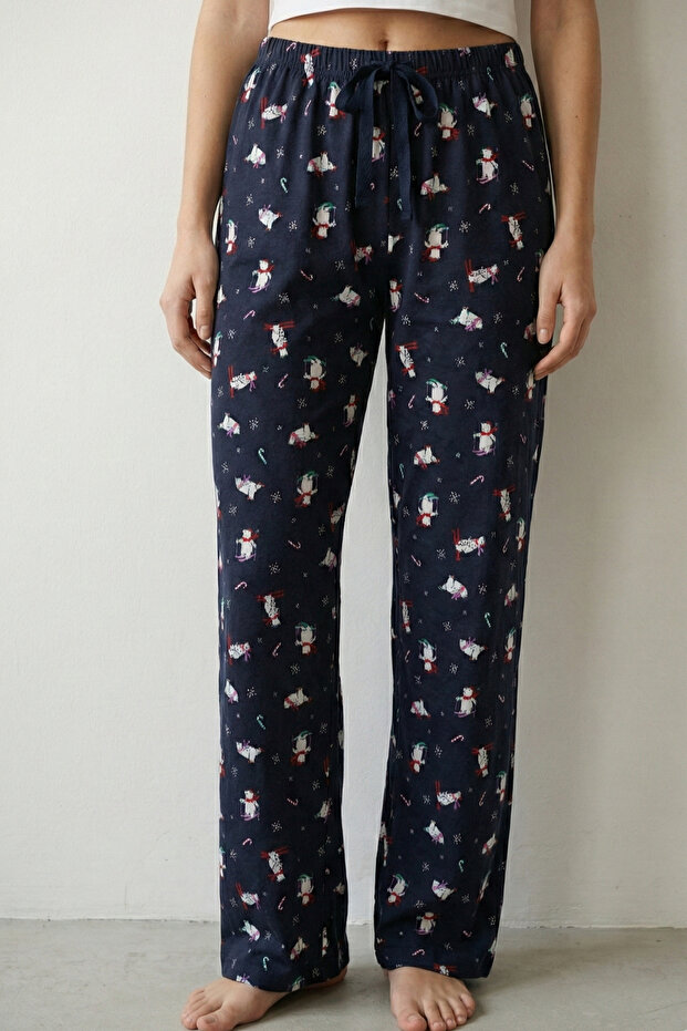 100% Cotton Single Jersey Women's Pajama Bottoms with Polar Bear Print, Loose Fit, Anti-Sweat, Navy Blue, Without Pockets