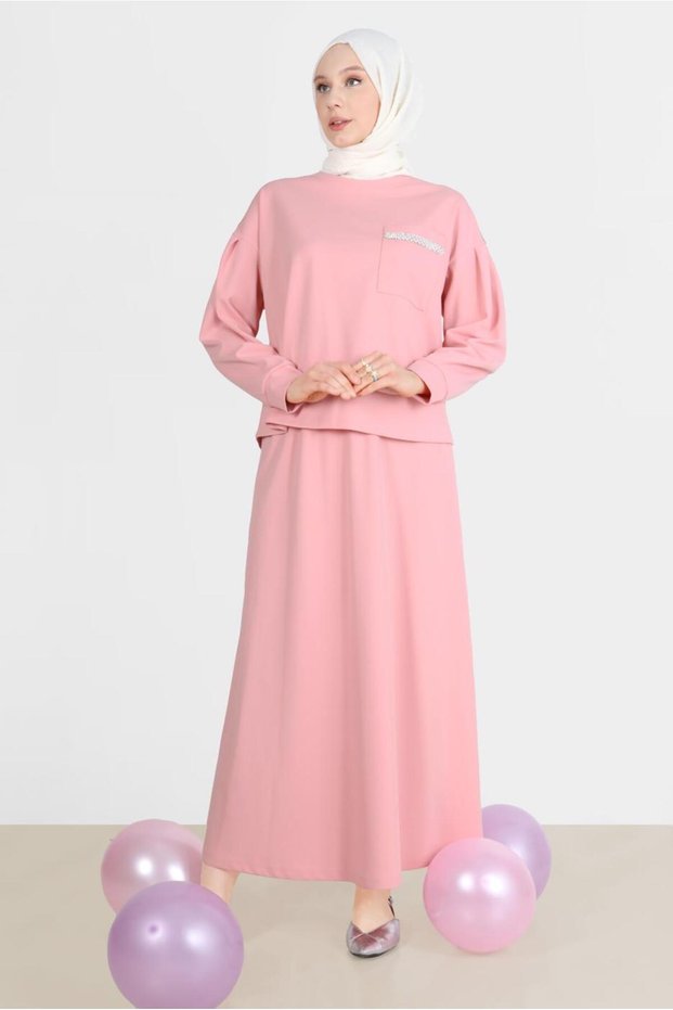 STONE POCKET DETAILED DOUBLE SKIRT SET 42658