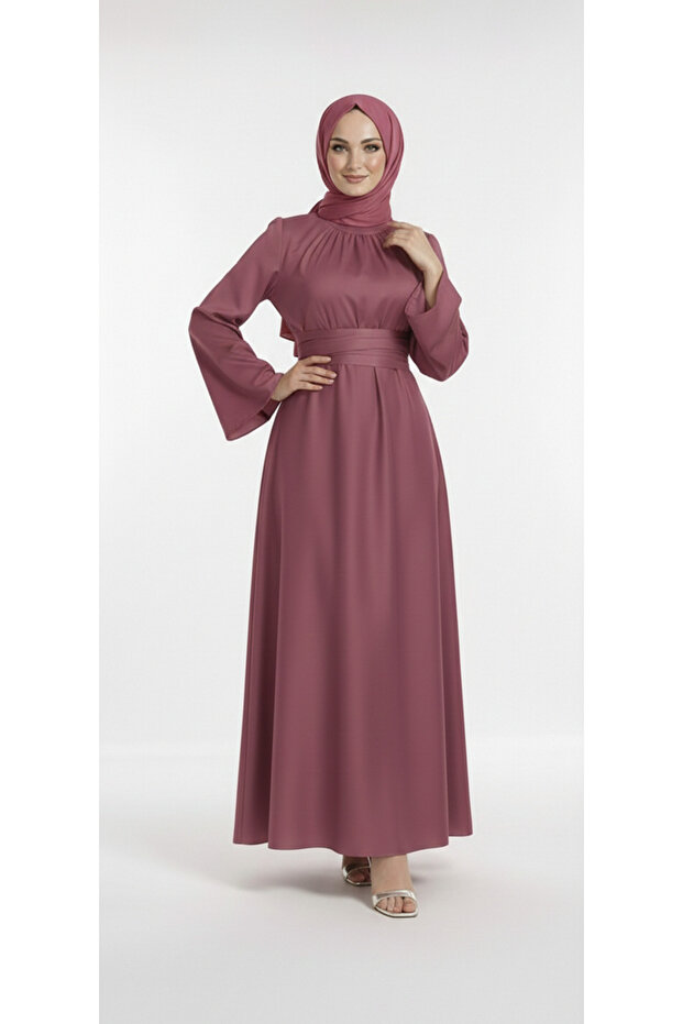 Spanish Sleeve Waist Wrapped Satin Hijab Evening Dress