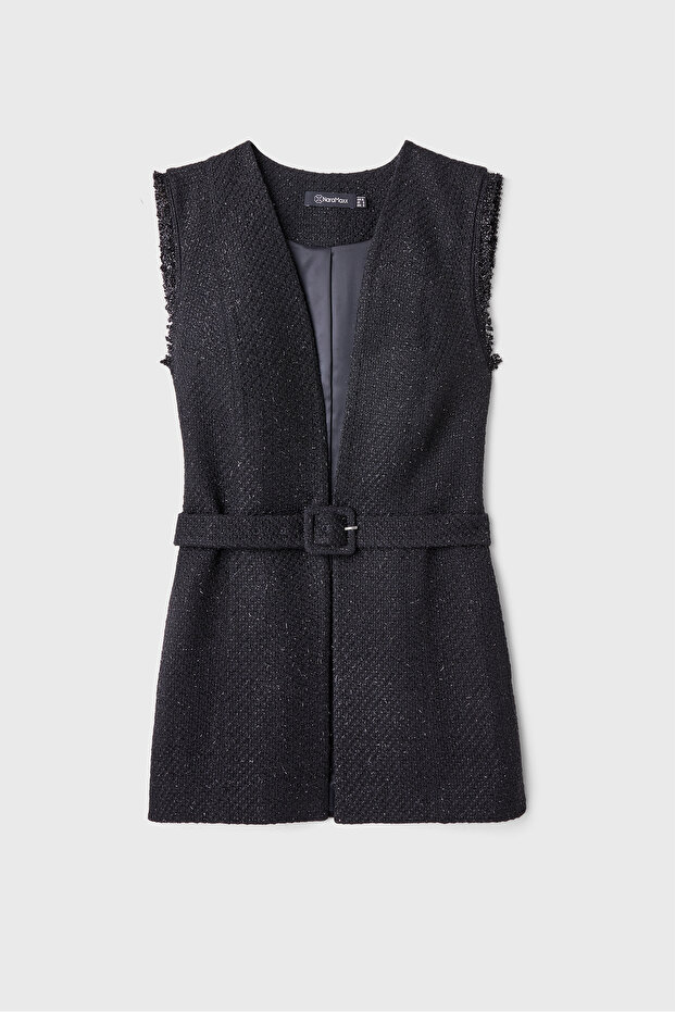 Kemerli Siyah Tüvit Yelek - 7