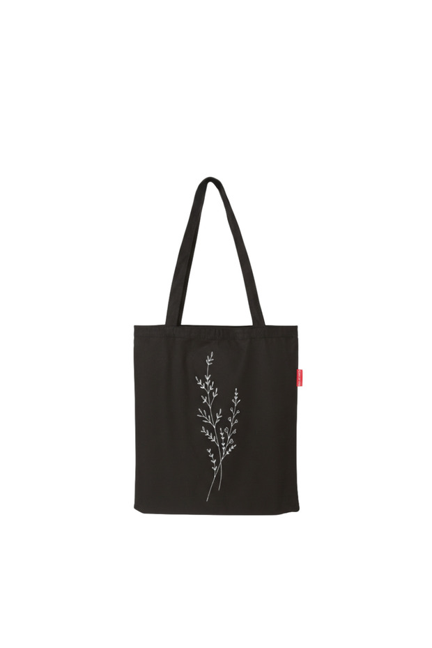 Tek Dal Çiçek Baskılı Siyah Bez Çanta - 1