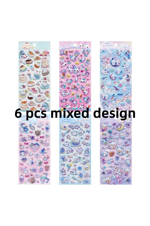 6 pcs mixed design 3 pcs/6 pcs Sweet Candy Pets Cat Coffee Cakes Flash Puffy 3D Stickers Scrapbookin