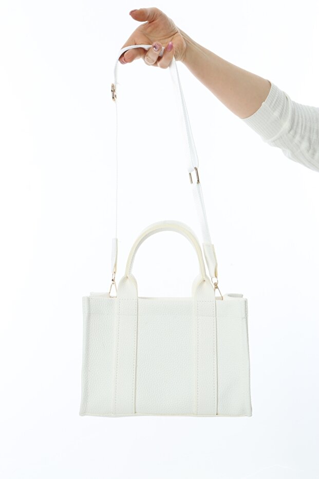 Beyaz Deri Mini Tote Çanta - 9