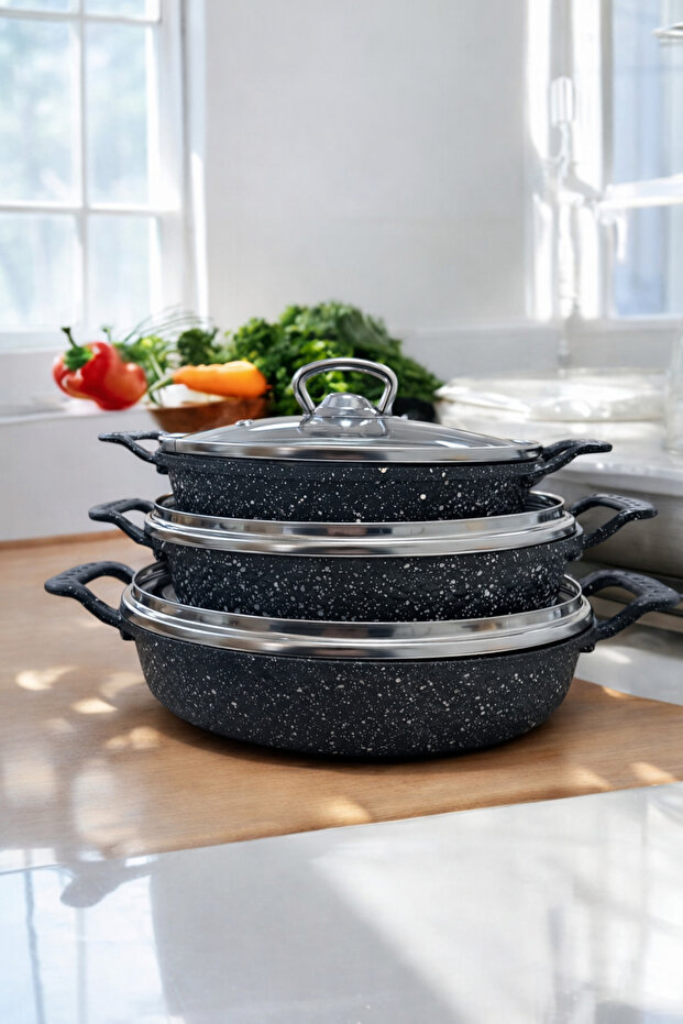 6 Piece Granite 18/20/22 Covered Pan Set Cast Iron Pan Set Frying Pan Set Black