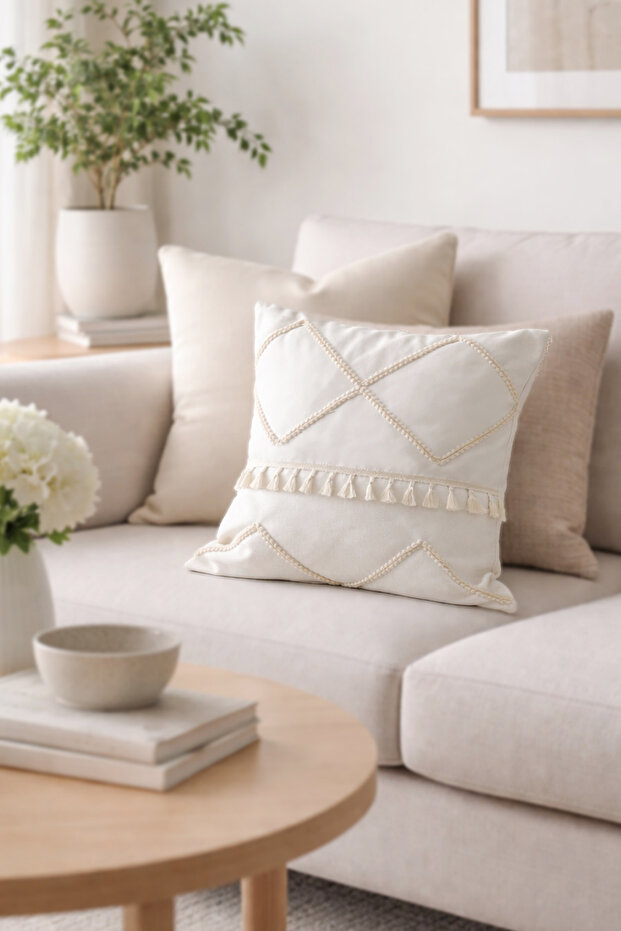 Tasseled Fringed Scandinavian White Throw Pillow Cover
