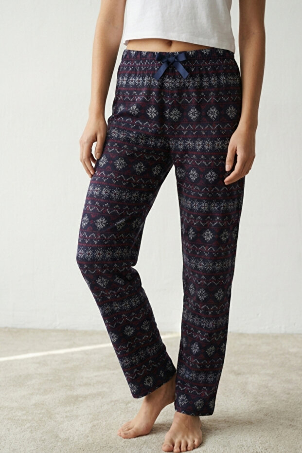 100% Cotton Patterned Women's Pajama Bottoms Interlock Fabric Comfortable Fit with Ribbon Navy Blue Christmas Themed
