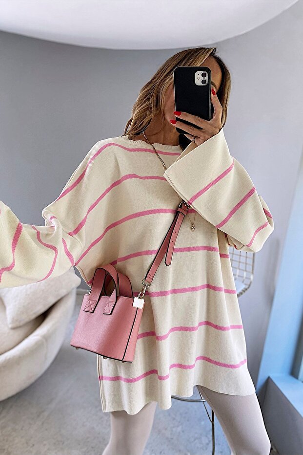 Knitwear Striped Loose Tunic Cream Pink Loose Fit