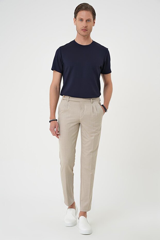 Comfort Fit Double Pleated Textured Flexible Cotton Beige Trousers P 1158