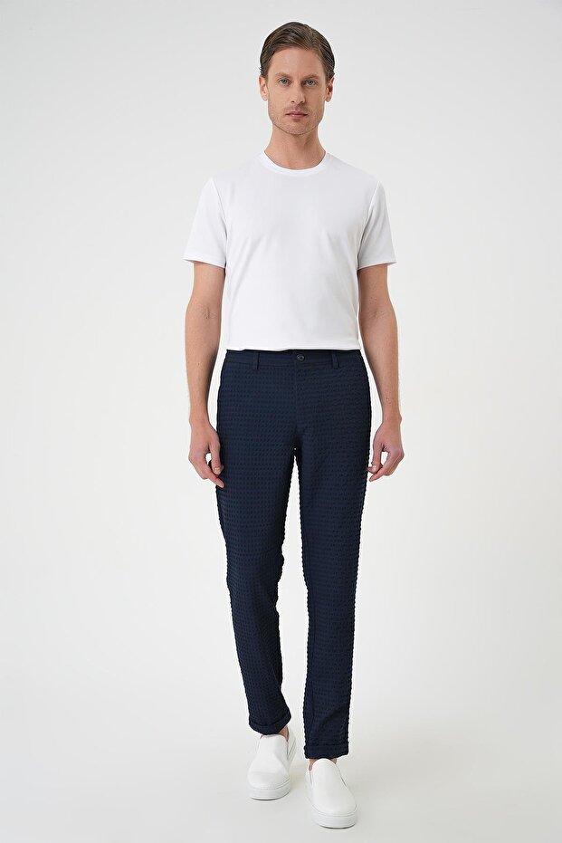 Slim Fit Waffle Fabric Stretchy Cotton Navy Blue Trousers P 1168