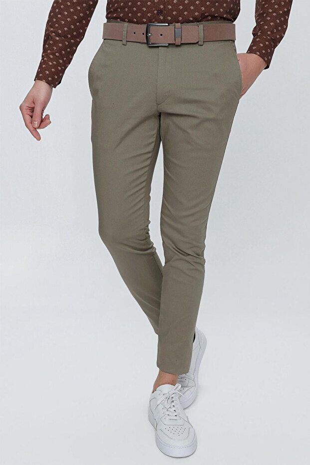 Men's Slim Fit Cotton Chino Khaki Green Trousers P 1112