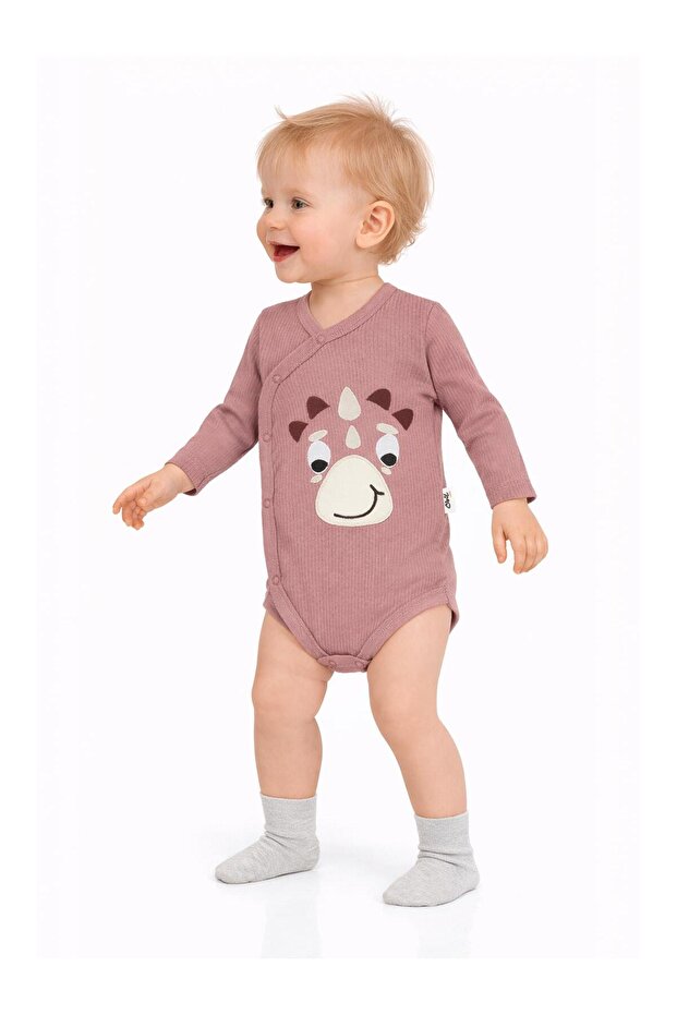 Dinosaur Embroidered 1-9 Months Snap Fastener Bodysuit - Brown 9-12 Months