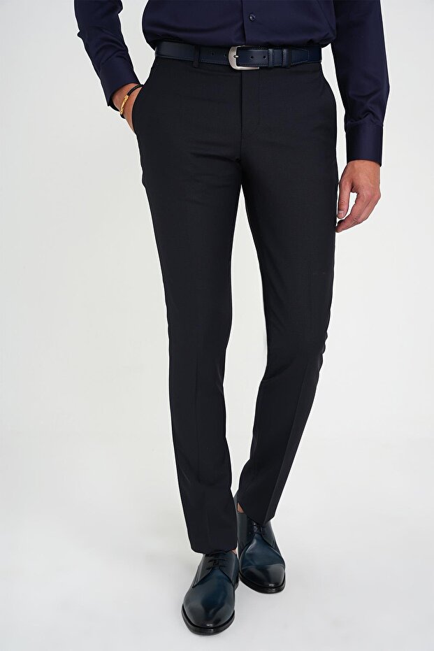 Men's Slim Fit Non-Pile Wool Classic Navy Blue Fabric Trousers P 1191
