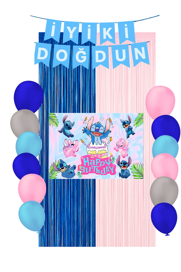 Stıc Lilo & Stiç Angel Birthday Curtain & Happy Birthday Banner Party Supplies Decorations 35X50 cm