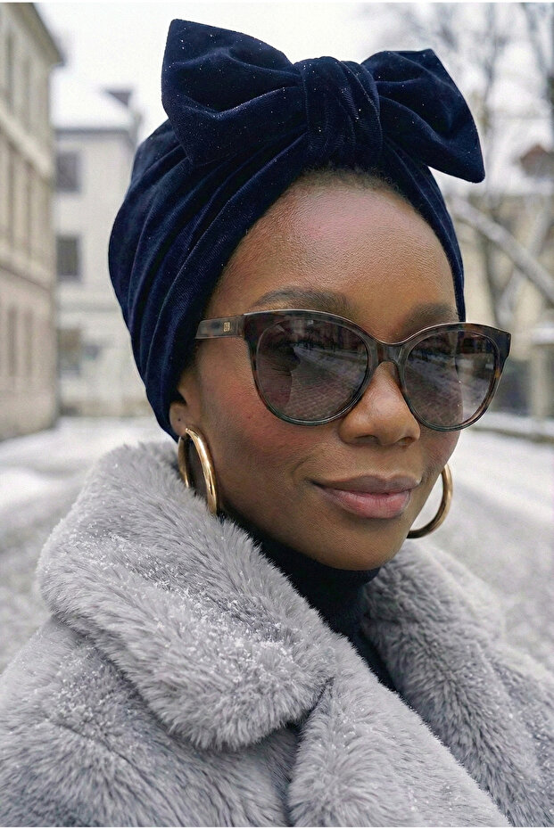 Velvet Bow-Lined Navy Blue Ready-Made Turban Hijab Bonnet Suitable for Medical Use