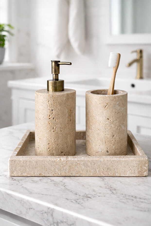 Natural Travertine Stone Bathroom Set – Liquid Soap Dispenser and Toothbrush Holder | Minimal Luxury Design