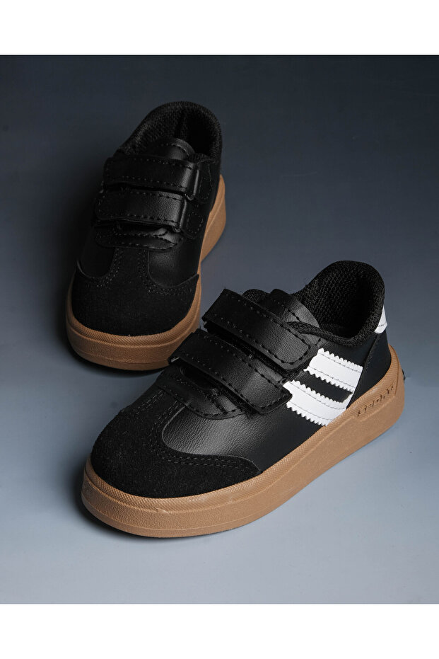 Snekaers Işıklı Erkek / Kız Çocuk Bebek Siyah Beyaz Spor Okul Ayakkabı Cırt Cırtlı Sneaker