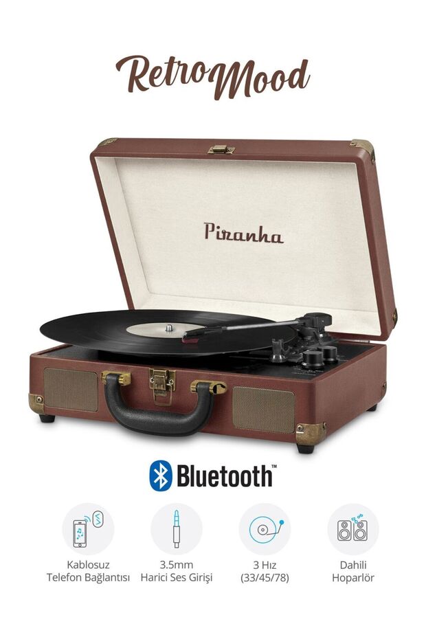 7325 Bluetooth’lu Çantalı Pikap | 33/45/78 Devir | Dahili Hoparlör | RCA & 3.5mm Giriş - 7