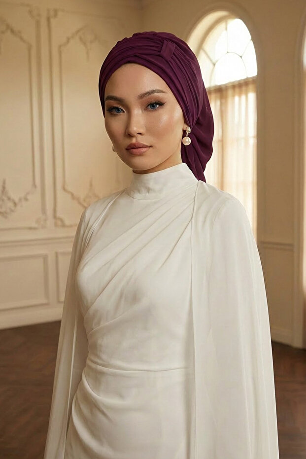 Pleated Design Chiffon Ready-To-Wear Turban,Ht-107,Ht-107,Plum