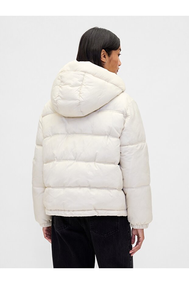 Kadın Beyaz Logo Puffer Şişme Mont - 4