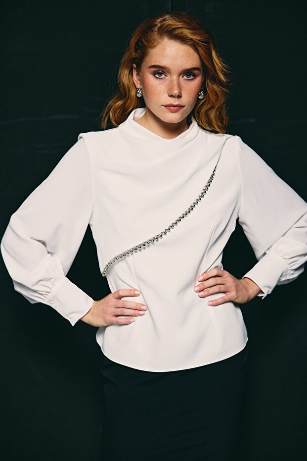 Front Accessorized Blouse - Ecru - 1