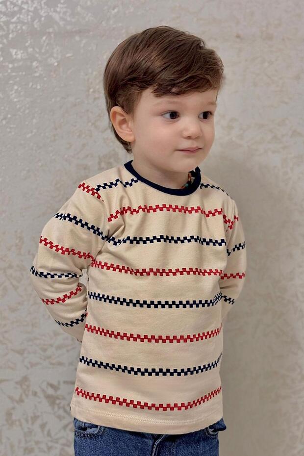 Baby Boy Long Sleeve T-Shirt with Placket, Minimal Marine Stripes, 9 Months-3 Years, Cream