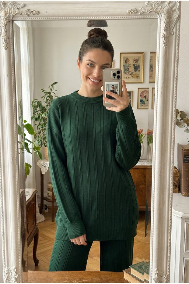 Women's Green Standard Knitwear Ribbed Balloon Sleeve Double Set Tunic Trousers Hijab Set