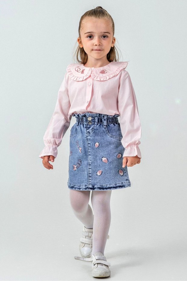 6-9 Years Old Girl's 3-Piece Set – Collared Shirt, Embroidered Denim Skirt, and Pantyhose