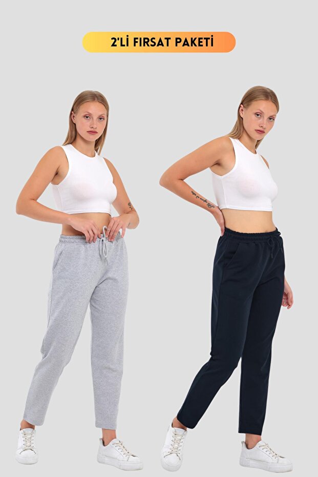 Women's Grey-Navy Blue Regular Fit Straight Leg Elastic Waist Lace-up 2-Piece Sweatpants