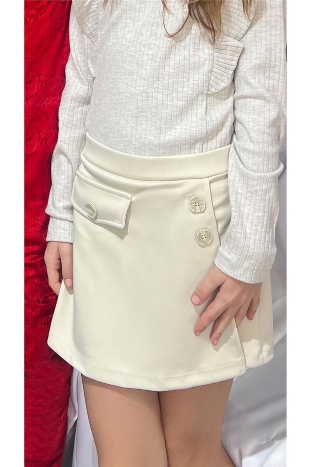 Girl's Shorts Skirt with Pocket Cover Detail, Button Accent Pieces, Ages 6-12, Stone