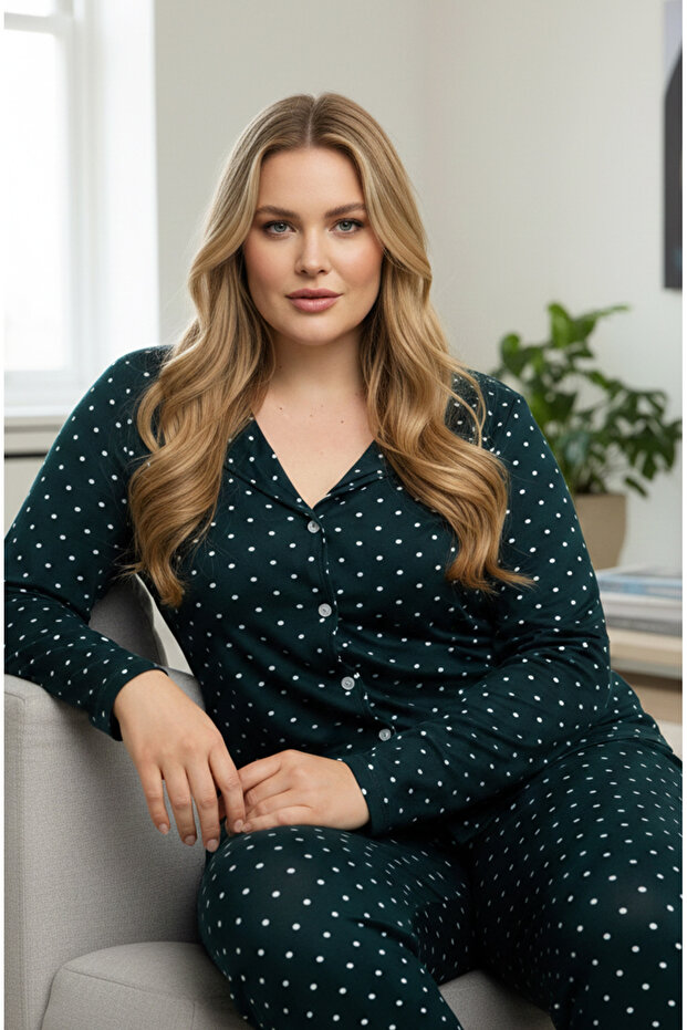 Green Large Size Oversize Shirt Collar Button Milan Knitted Pajamas Suit25224340