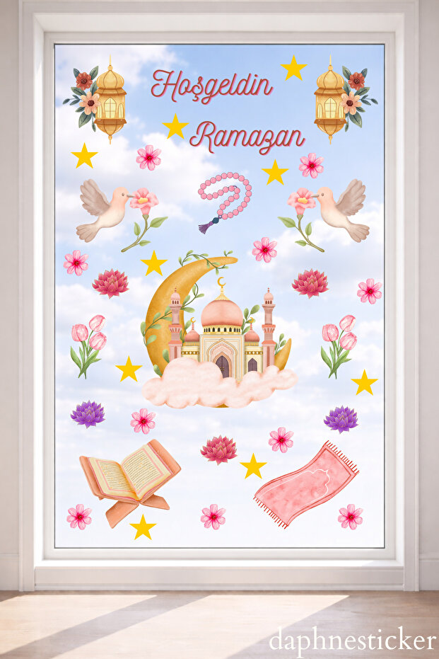 Ramadan-Themed Glass Wall Sticker Set in Pastel Colors, Educational Glass Wall Sticker