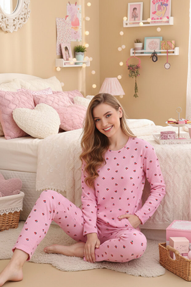 Waffle Knitted Long Sleeve Women's Pajama Set with Pocket Detail