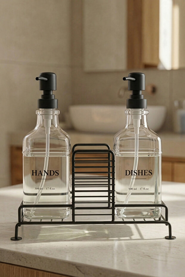 2-piece metal stand glass liquid soap and lotion bottle soap dispenser 500 ml black - d/1 c1-1-289