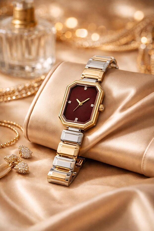 Women's Gold-Silver Color Rectangular Bitter Brown Dial Steel Wristwatch Tctsn000402S0375