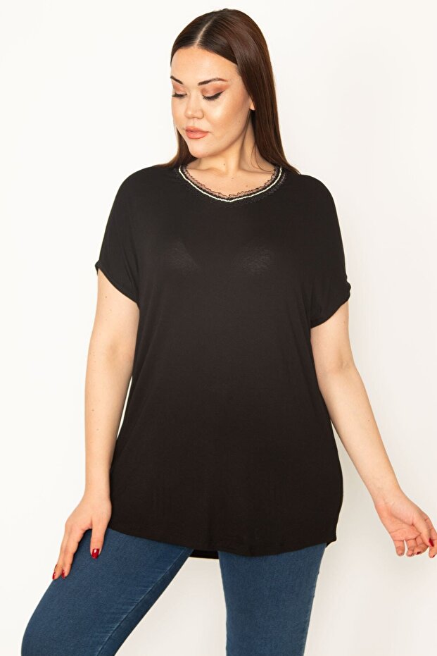 Women's Large Size Black Collar Lace and Stone Detailed Viscose Blouse 65n32859