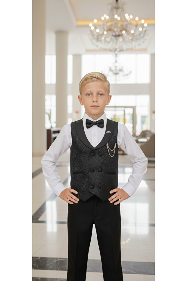 Children's Vest Suit Shirt Set Patterned Black
