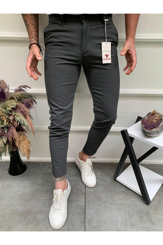 Men's Anthracite Slim Fit Patterned Stretch Fabric Trousers