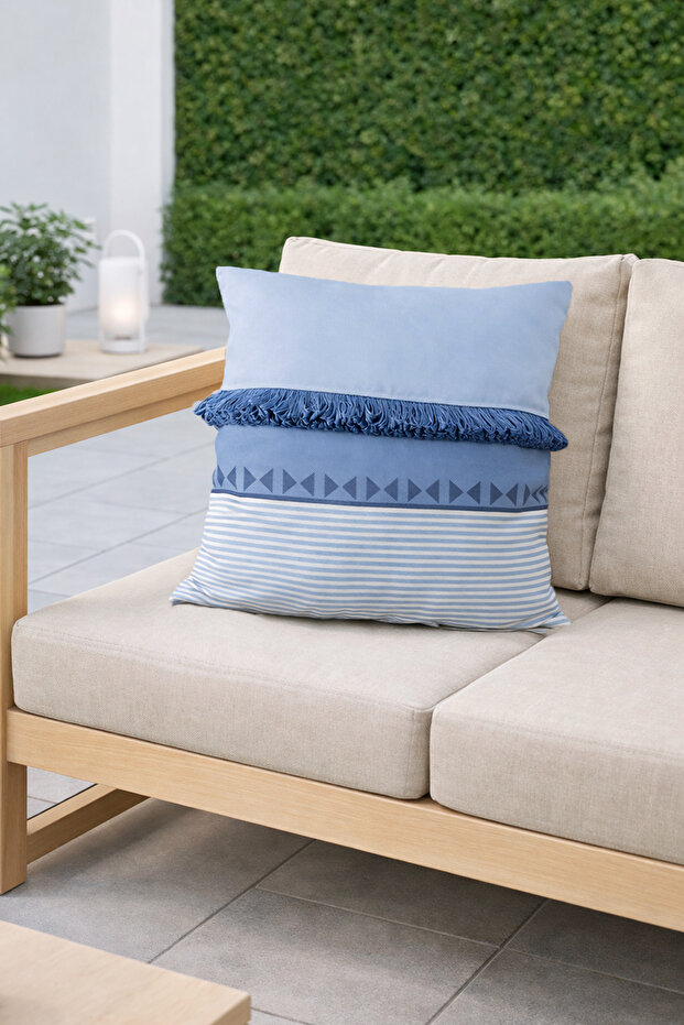Tasseled Scandinavian Ethnic Marine Blue, Country, Bohemian, Throw Pillow Cover