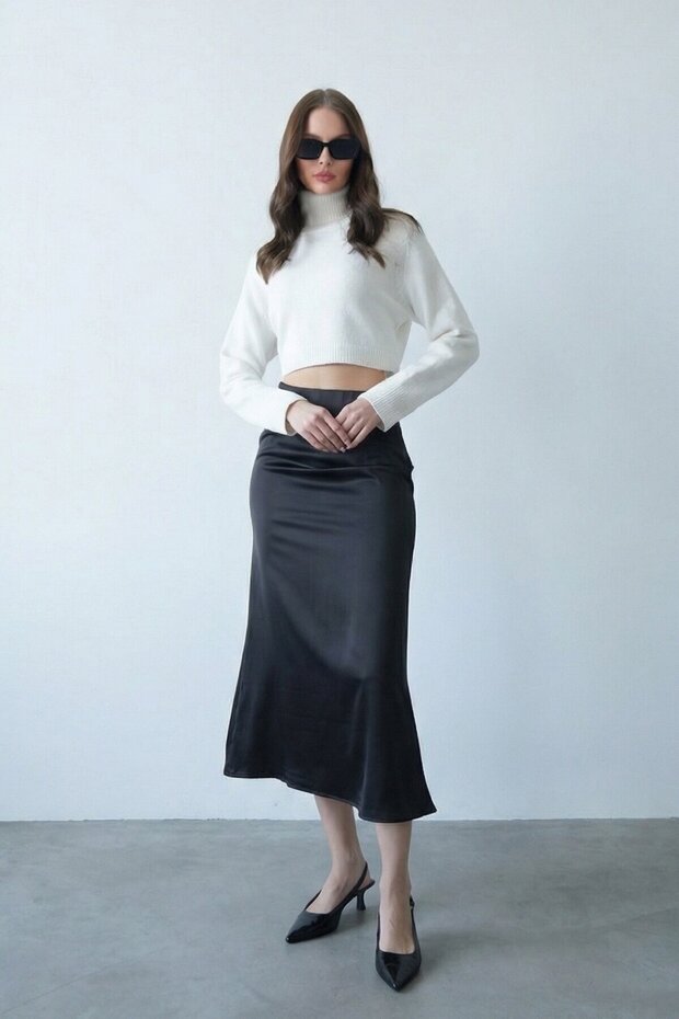 Yüksek Bel Basic Saten Etek - 3