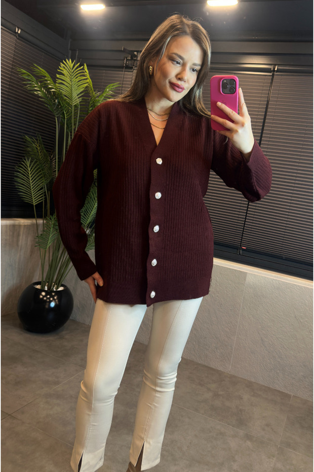 Bordo Fitilli Oversize Basic Örme Hırka - 6