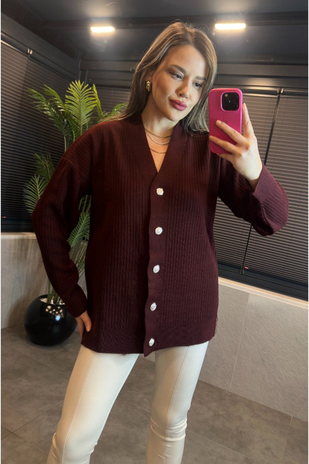 Bordo Fitilli Oversize Basic Örme Hırka - 7