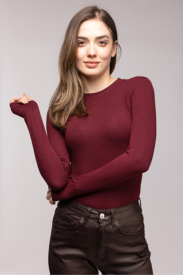 Women's Crew Neck Fingerless Long Sleeve Bodysuit/Blouse