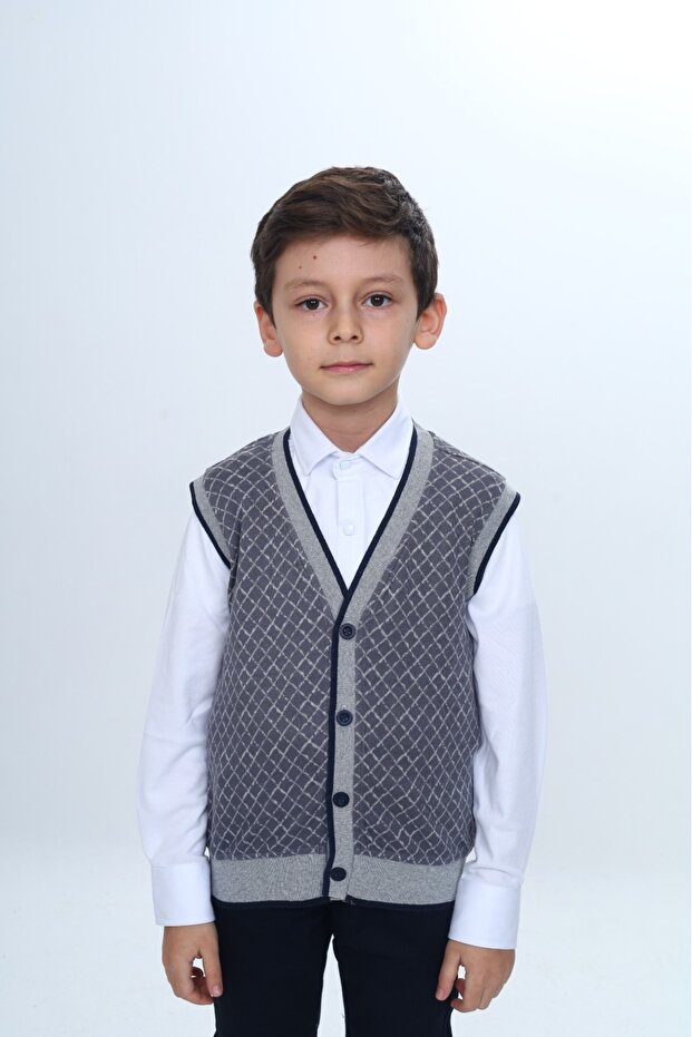 Boy's V-Neck Buttoned Knit Vest - Diagonal Patterned