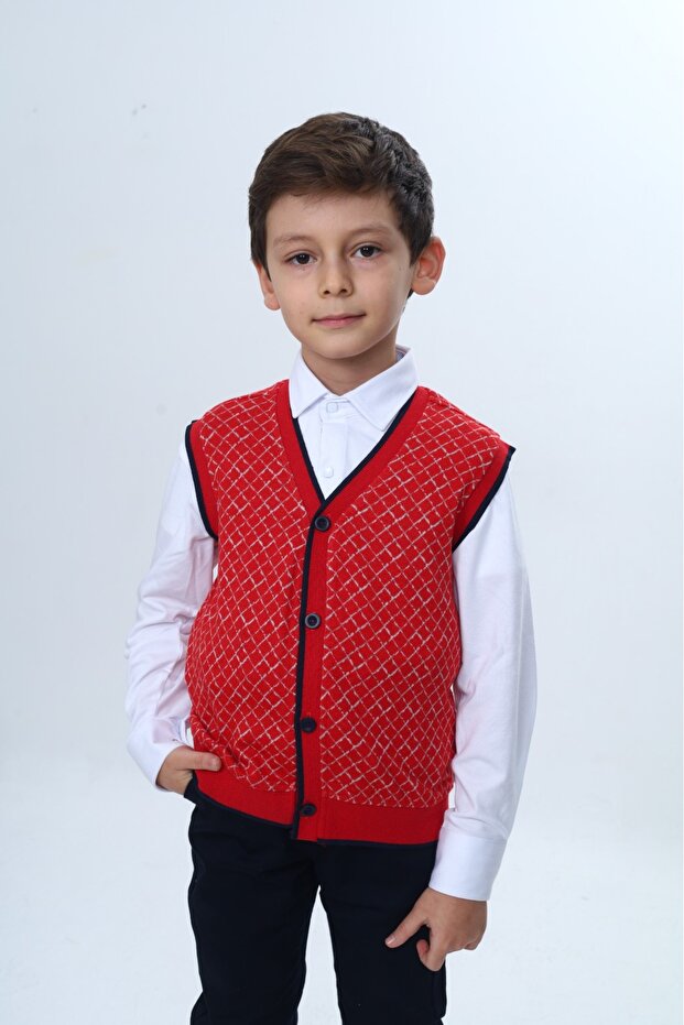 سترة تريكو بأزرار على شكل حرف V للأولاد - منقوشة بشكل مائل - 2