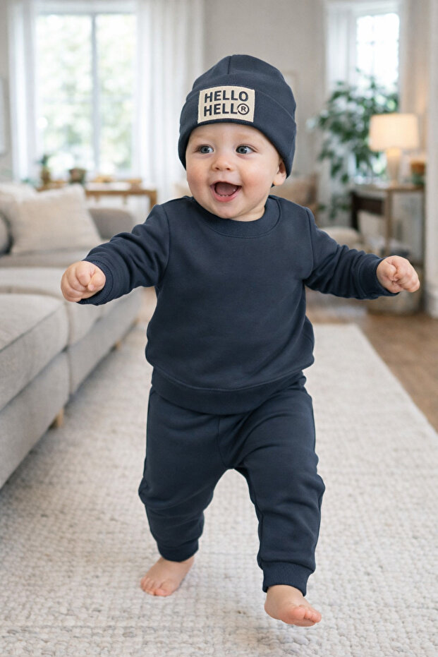 Baby 3 Thread Tracksuit Set 9-12-18-24 Months | Hello Printed Sweatshirt & Bottom Set & Beanie