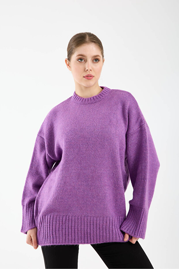 Oversize Basic Açık Mor Uzun Kadın Kazak - 3